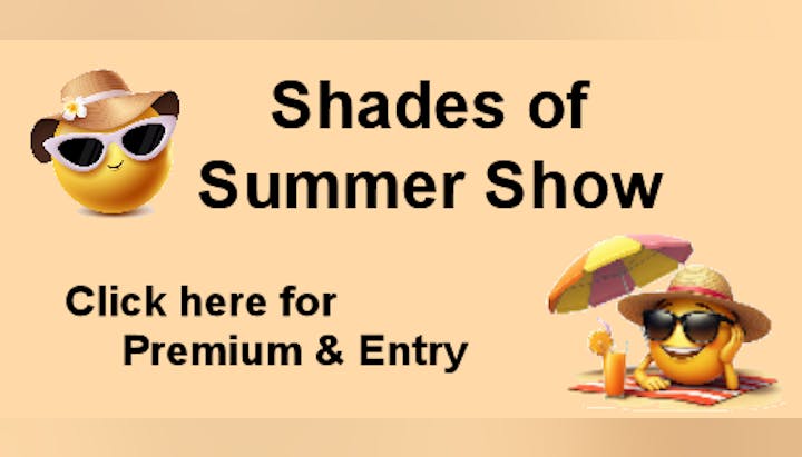 The image promotes a "Shades of Summer Show" with emojis and invites users to click for premium entry.