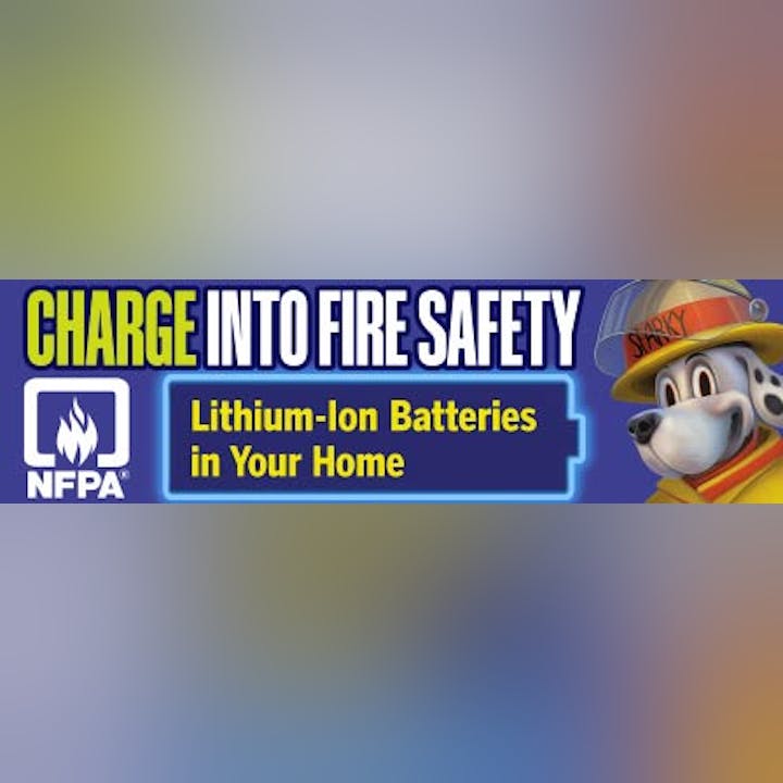 NFPA fire safety banner about lithium-ion batteries at home, featuring a cartoon dog in a firefighter's hat.