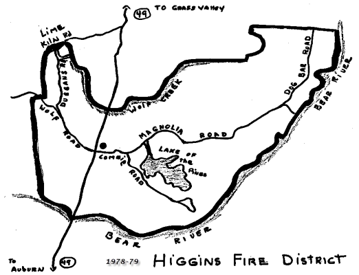 Hand-drawn map of the Higgins Fire District from 1978-79 with roads, rivers, and the "Lake of the Pines."