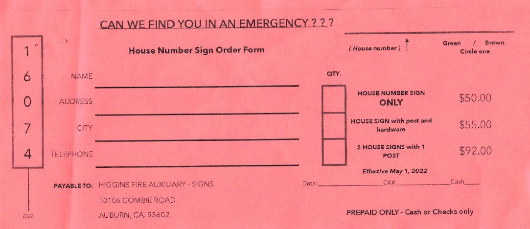 An emergency house number sign order form with prices and payment information.