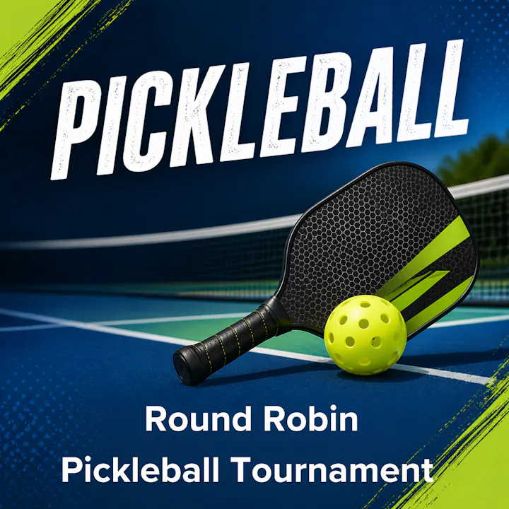 The image promotes a Round Robin Pickleball Tournament, featuring a paddle and a yellow pickleball on a court.