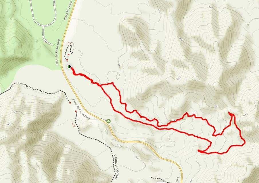 The image shows a topographic map with a highlighted red trail, possibly indicating a hiking route or path along hills.