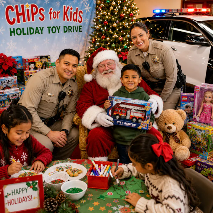 A holiday toy drive scene featuring Santa, police officers, and children creating crafts and holding toys in a festive setting.