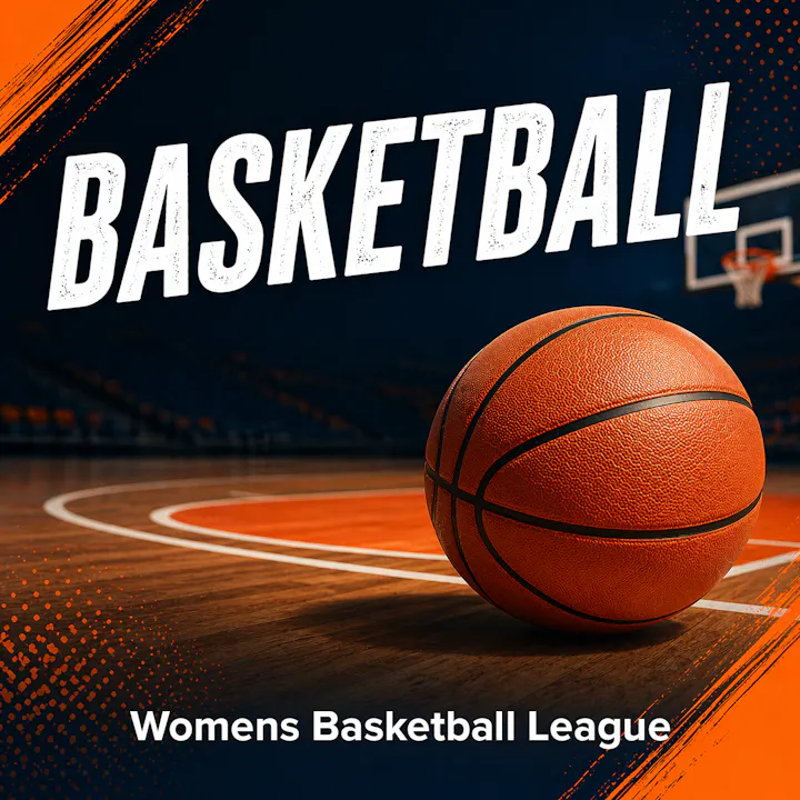 The image features a basketball on a court, highlighting the Women’s Basketball League with a dynamic design.