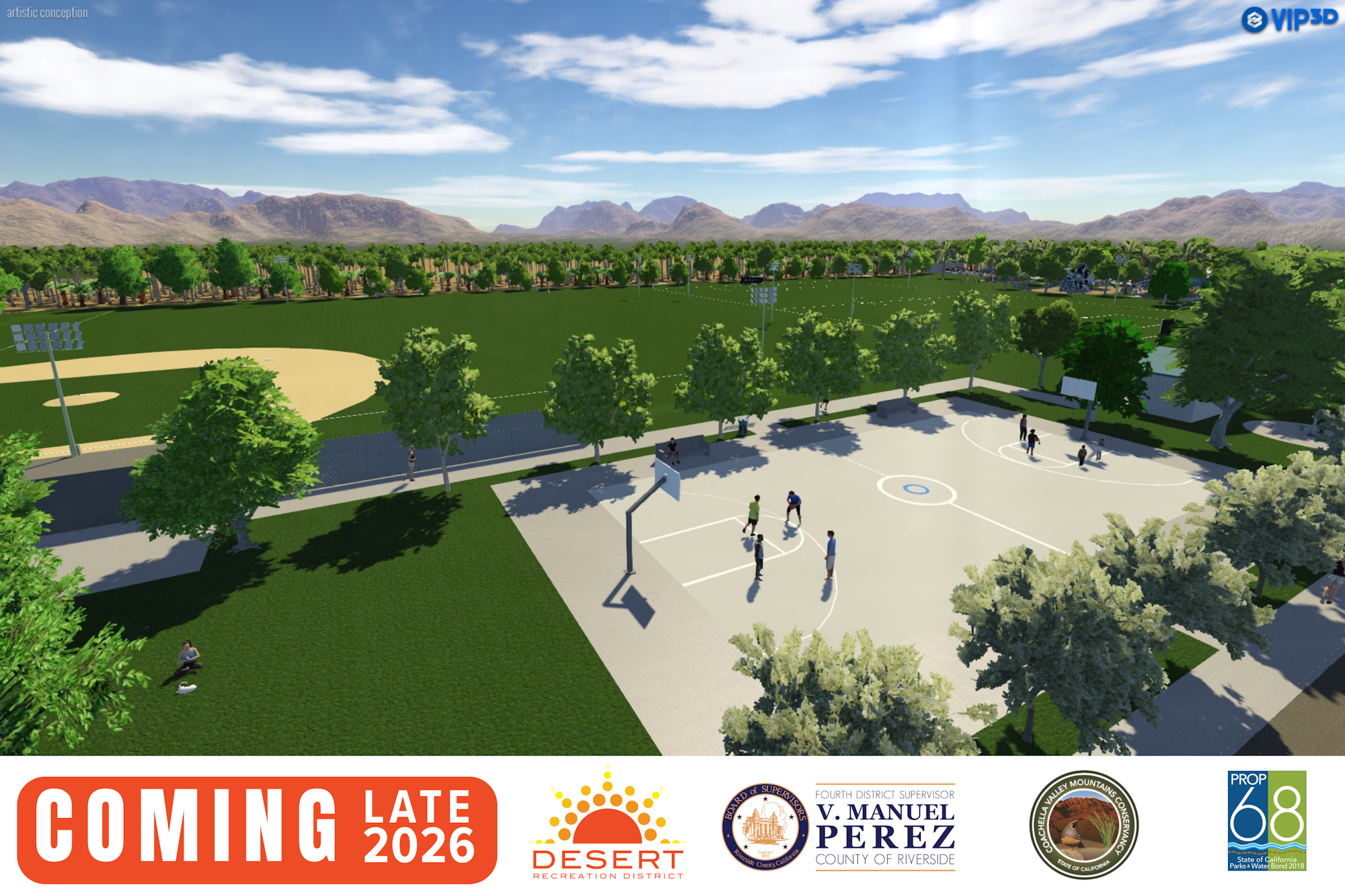 The image shows an artistic concept of a new recreational facility with fields and courts, set to open in late 2026.