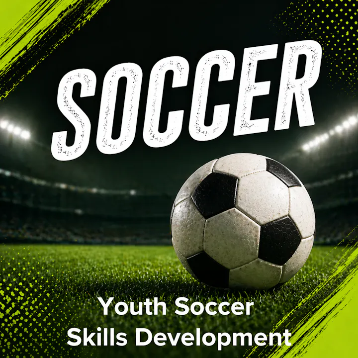A soccer ball on a field with text promoting youth soccer skills development.