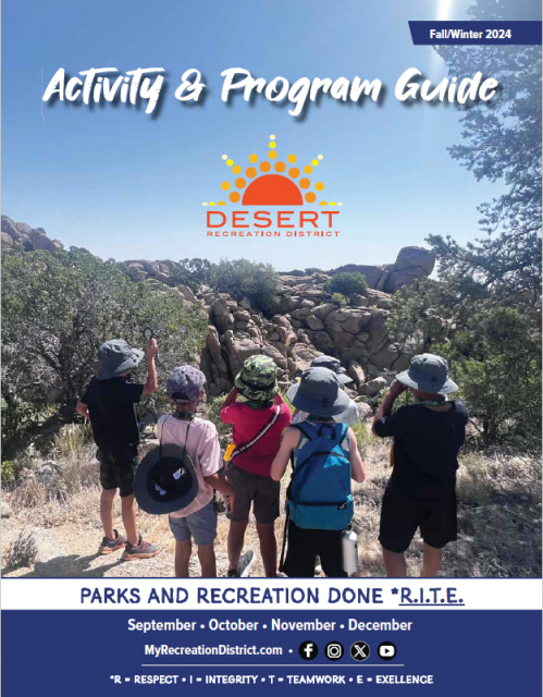 The image features the cover of the 2024 Fall/Winter Activity & Program Guide for the Desert Recreation District, showcasing kids outdoors.
