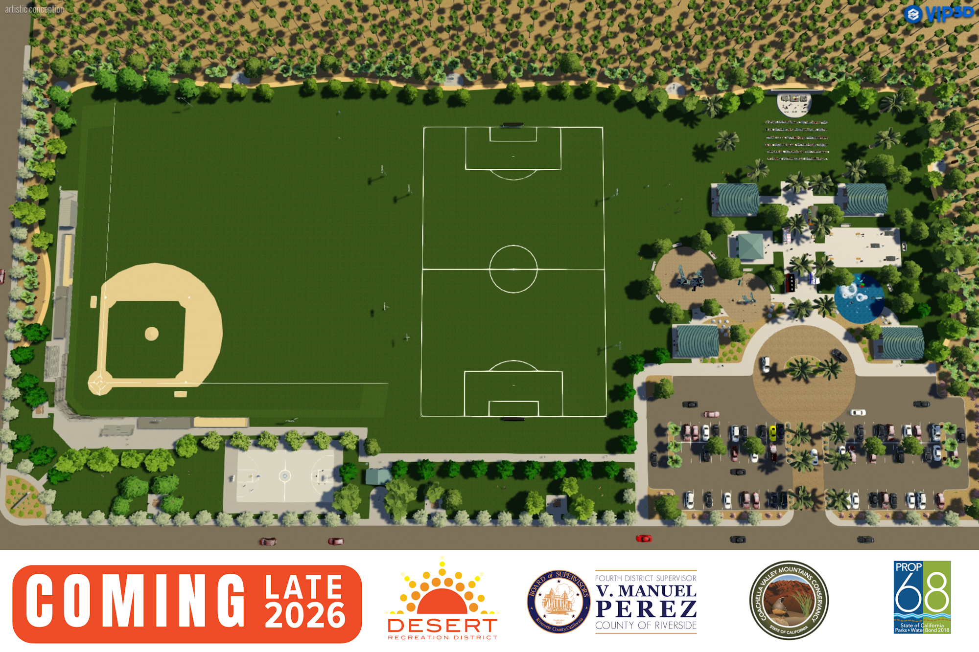 The image shows a layout for a new recreational facility featuring soccer and baseball fields, coming in late 2026.