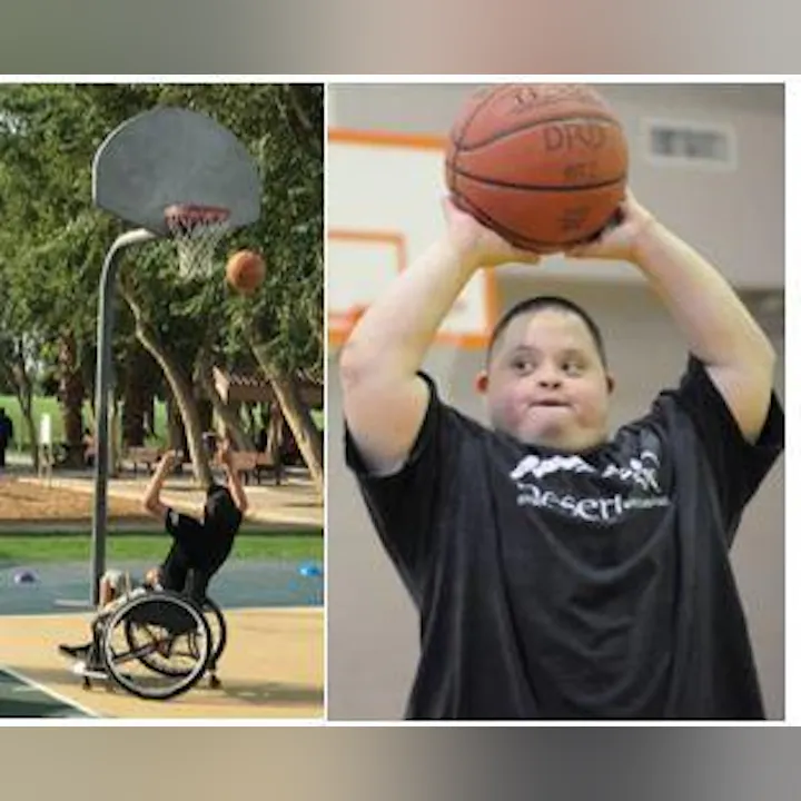 The image shows two individuals playing basketball: one in a wheelchair shooting and another preparing to shoot a basketball.