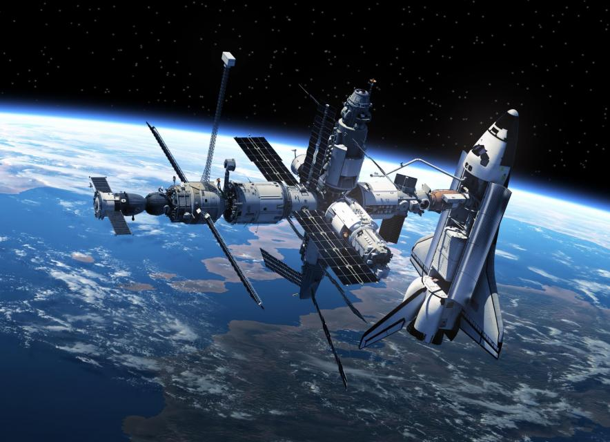 A spacecraft docked with a space station orbiting Earth, surrounded by stars and the planet's curvature.