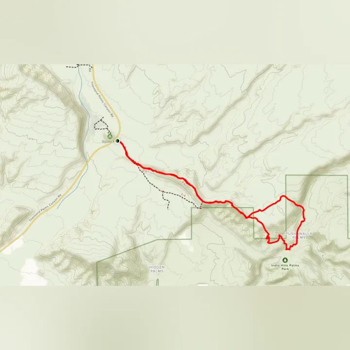 The image is a map showing a hiking or biking trail highlighted in red, located near Pushwalla Palms.