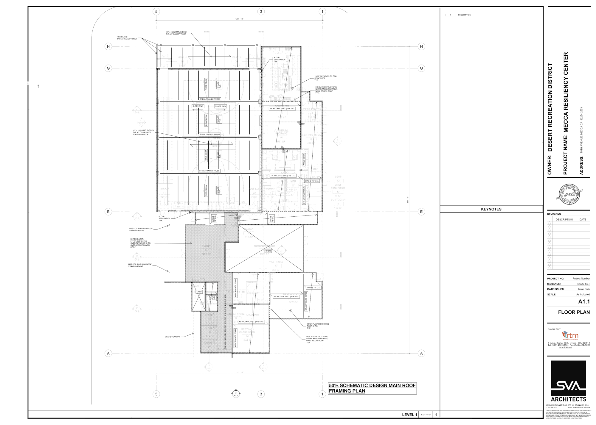 It's a schematic design floor plan for the Mecca Resiliency Center, showing layout and roof framing details.