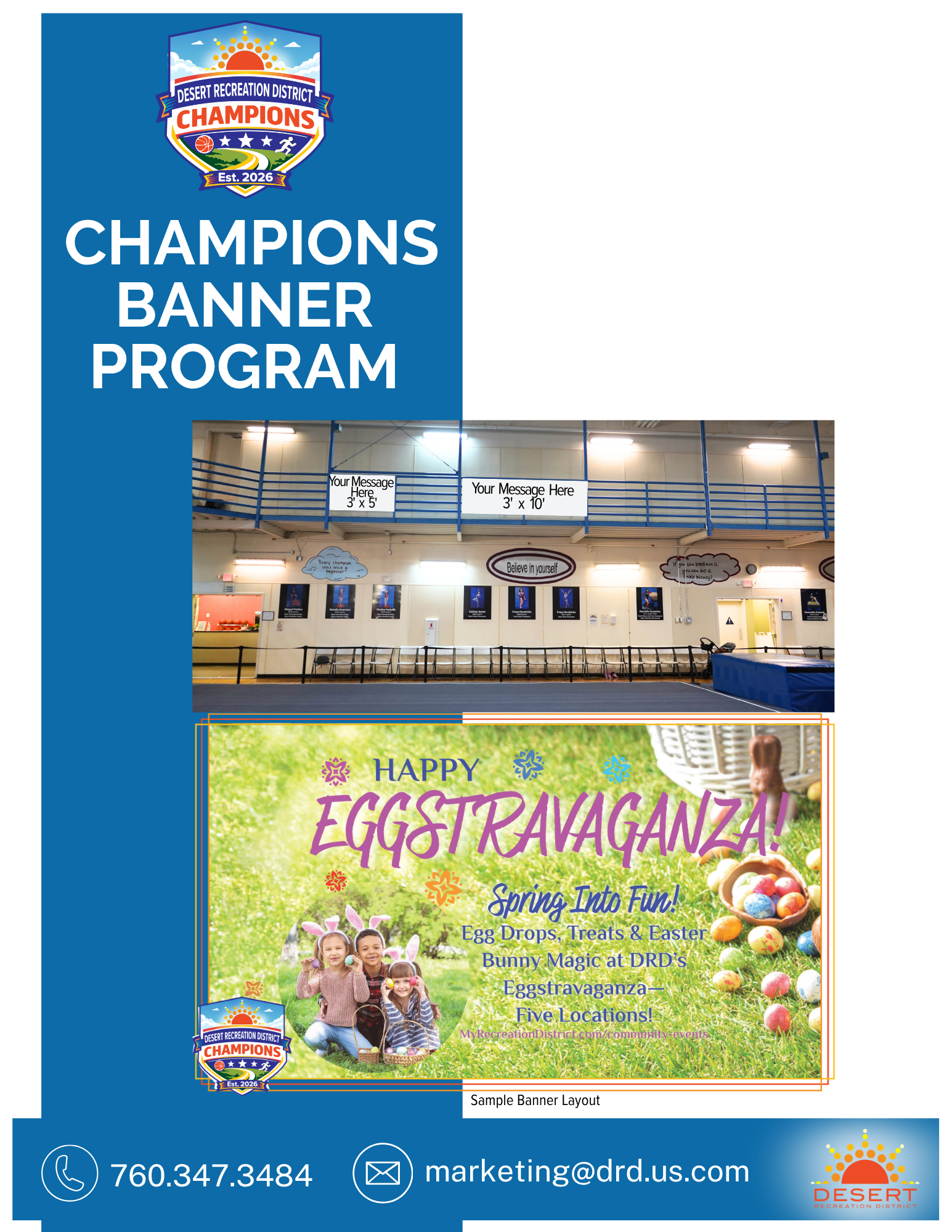 The image features a "Champions Banner Program" for the Desert Recreation District, highlighting an "Eggstravaganza" event with details for participation.