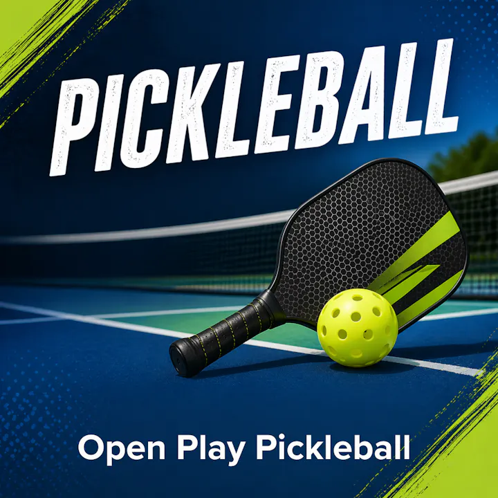 An image promoting pickleball featuring a paddle and a yellow ball on a court with the text "Open Play Pickleball."
