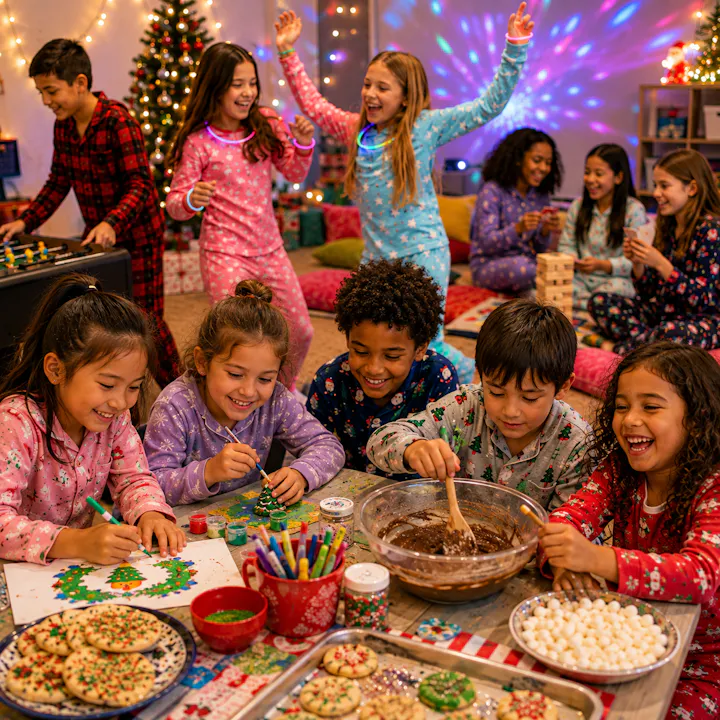 A joyful gathering of kids in pajamas decorating cookies and crafts, surrounded by festive decorations and a Christmas tree.