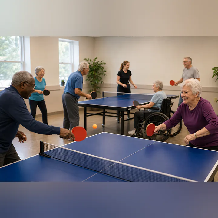 A lively group of seniors plays ping pong, enjoying the activity together in a recreational space.