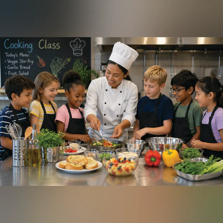 A cooking class with a chef and six kids preparing various dishes, including veggie stir-fry, garlic bread, and fruit salad.