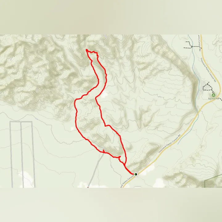 The image shows a topographic map with a red trail route highlighted, indicating a hiking path or walking trail in a mountainous area.