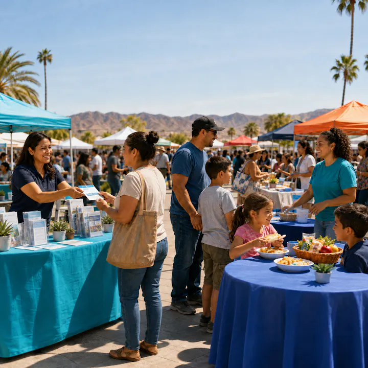 A lively outdoor market with families, vendors, and colorful tents. People engage, with kids enjoying food at tables.