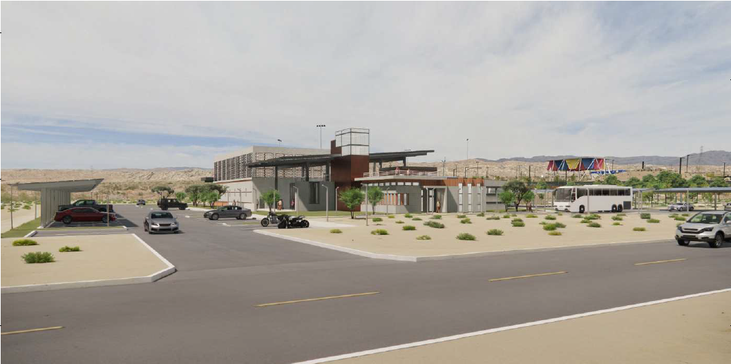 The image shows a modern building in a desert setting, likely a transit station, with cars, landscaping, and a bus.