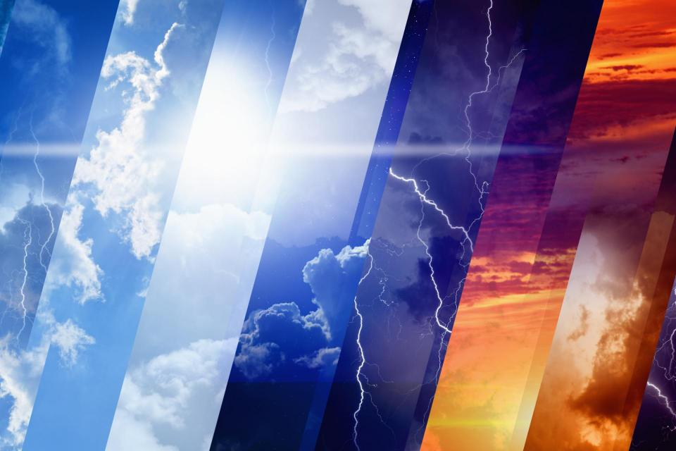The image features a gradient of various sky scenes, showcasing clear skies, storms, and sunsets, highlighting atmospheric changes.