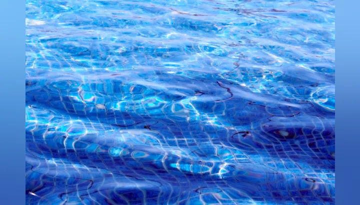 Sunlight dances on the rippling water of a swimming pool.