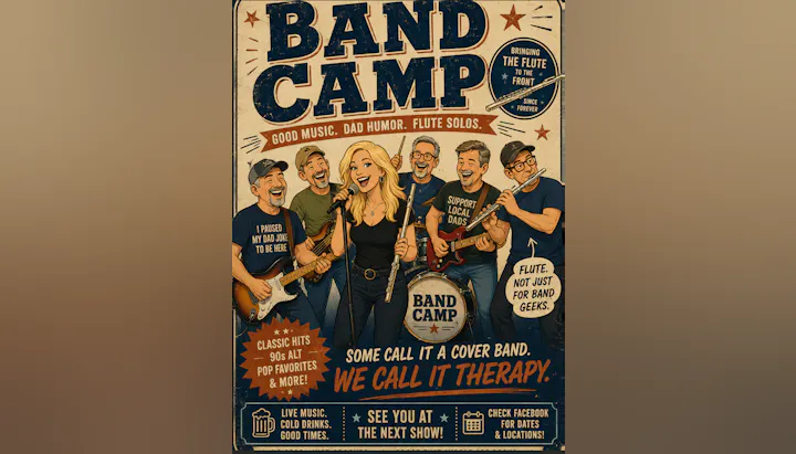 Promotional image for "Band Camp," a fun cover band featuring humor, music, and flute solos, inviting support and attendance.