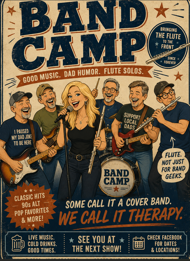 Promotional image for "Band Camp," a fun cover band featuring humor, music, and flute solos, inviting support and attendance.