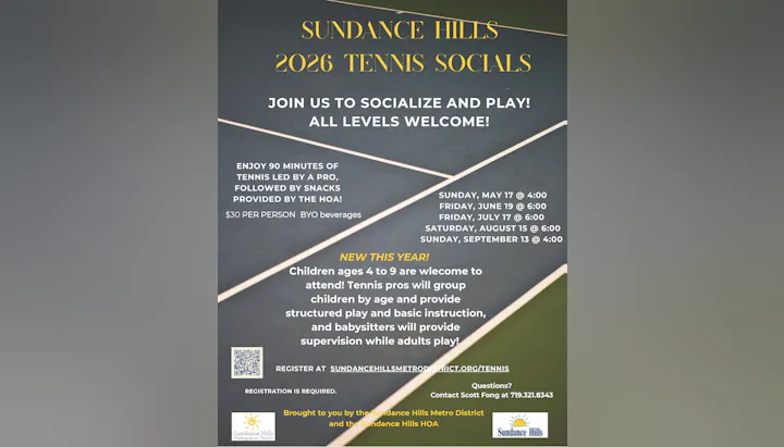 Sundance Hills 2026 Tennis Socials: Join for 90 mins of pro-led play, snacks, and fun. All levels welcome! Kids 4-9 can participate.