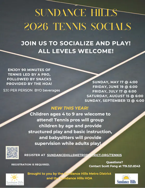 Sundance Hills 2026 Tennis Socials: Join for 90 mins of pro-led play, snacks, and fun. All levels welcome! Kids 4-9 can participate.