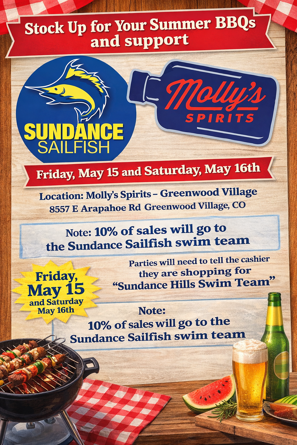 The image promotes a fundraiser at Molly's Spirits on May 15-16, donating 10% of sales to the Sundance Sailfish swim team.