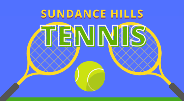 Two tennis rackets with a ball and the text "Sundance Hills Tennis" on a blue background.
