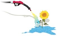 Fuel pump nozzle pouring out liquid, forming a flower and a puddle beneath.