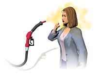 Animated woman smelling a perfume bottle shaped like a fuel pump, with a fragrance mist around her.