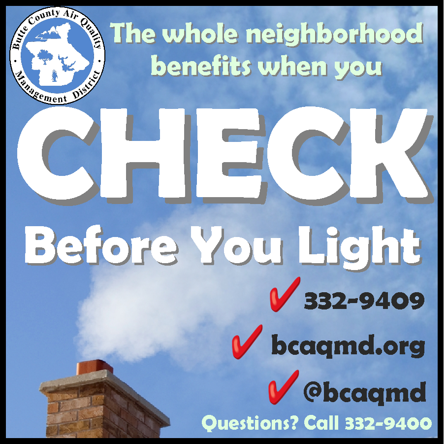 Air quality awareness ad urging to CHECK before lighting fireplaces, with contact info.