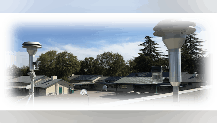 Weather monitoring equipment on top of a building; clear skies and trees in the background.