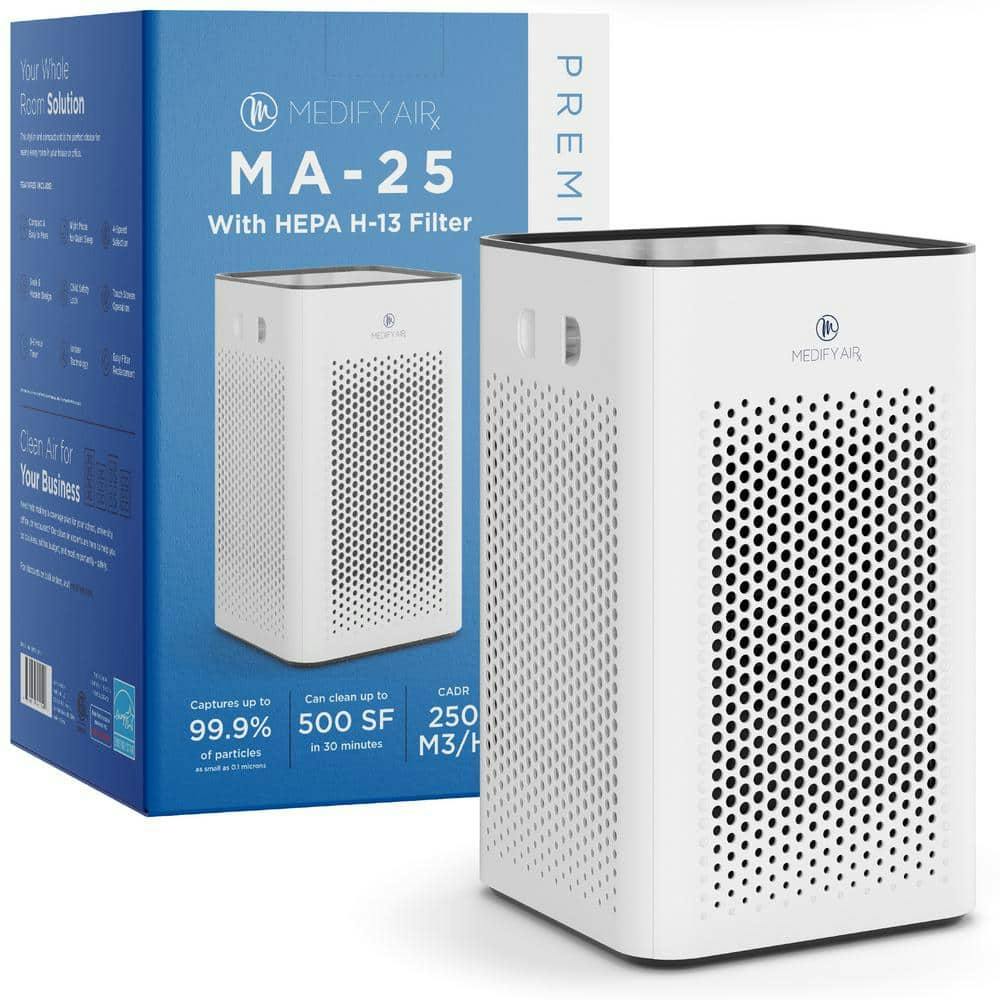 Air purifier (Medify Air MA-25) with HEPA H-13 filter and packaging. Captures 99.9% of particles, cleans 500 SF in 30 mins.