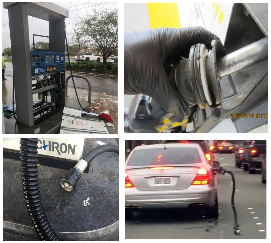 Damaged gas station and pump nozzle left attached to a vehicle's fuel tank.