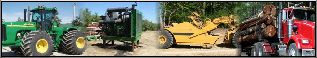 Four different heavy machinery: two tractors, a skidder, and a log truck loaded with logs.