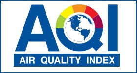 Logo of the Air Quality Index (AQI) with a stylized globe and text.