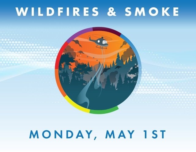 An illustration about wildfires and smoke with a helicopter, set for Monday, May 1st.