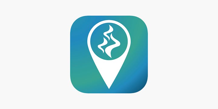 A blue and teal app icon with a location pin shape and coffee bean symbol.