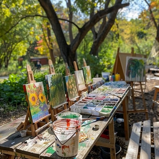 An outdoor art setup with canvases, paint supplies, and easels surrounded by greenery and trees.