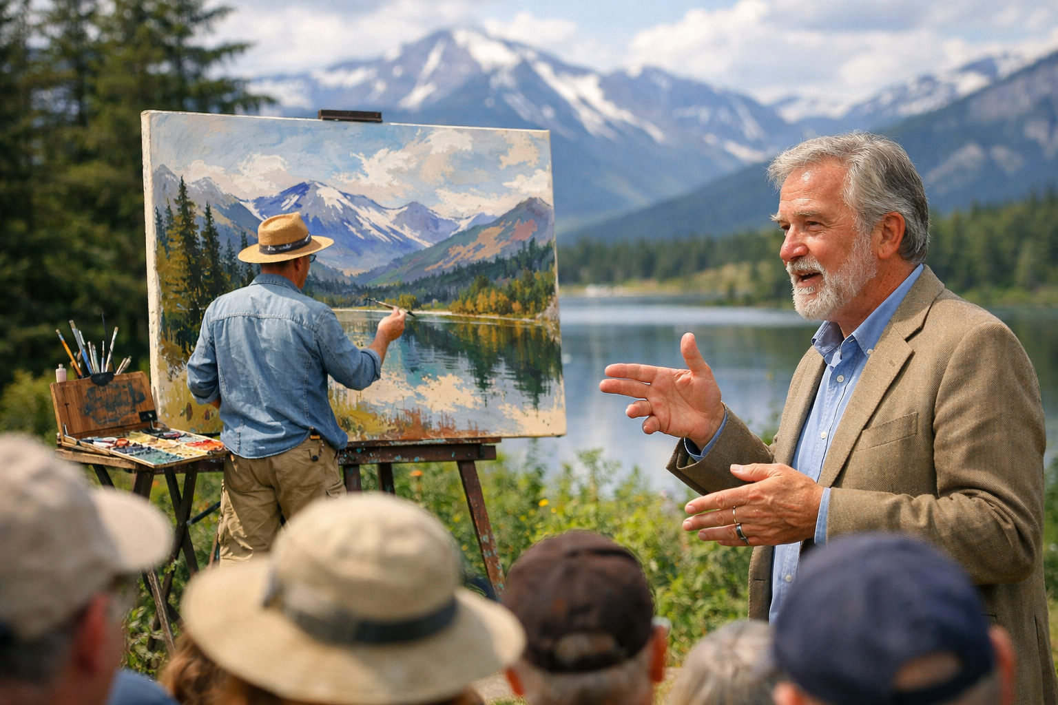 A painter creates a landscape artwork by a lake, while a man gestures and speaks to an audience of onlookers.