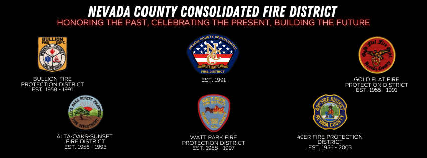 The image showcases the Nevada County Consolidated Fire District's logos, honoring various fire protection districts with establishment years.