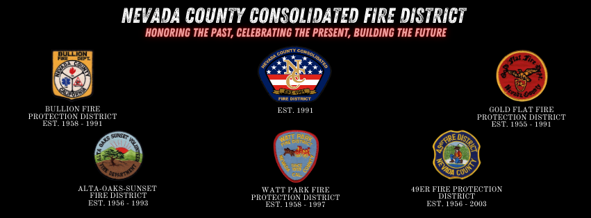 Emblems of fire districts within the Nevada County Consolidated Fire District, with their establishment years.