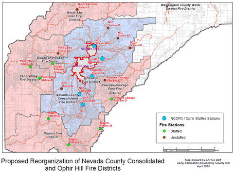 Map of proposed reorganization for Nevada County and Ophir Hill fire districts, showing staffed and unstaffed fire stations.