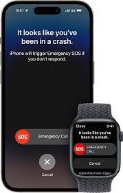 An iPhone and Apple Watch show a crash detection alert with SOS options.