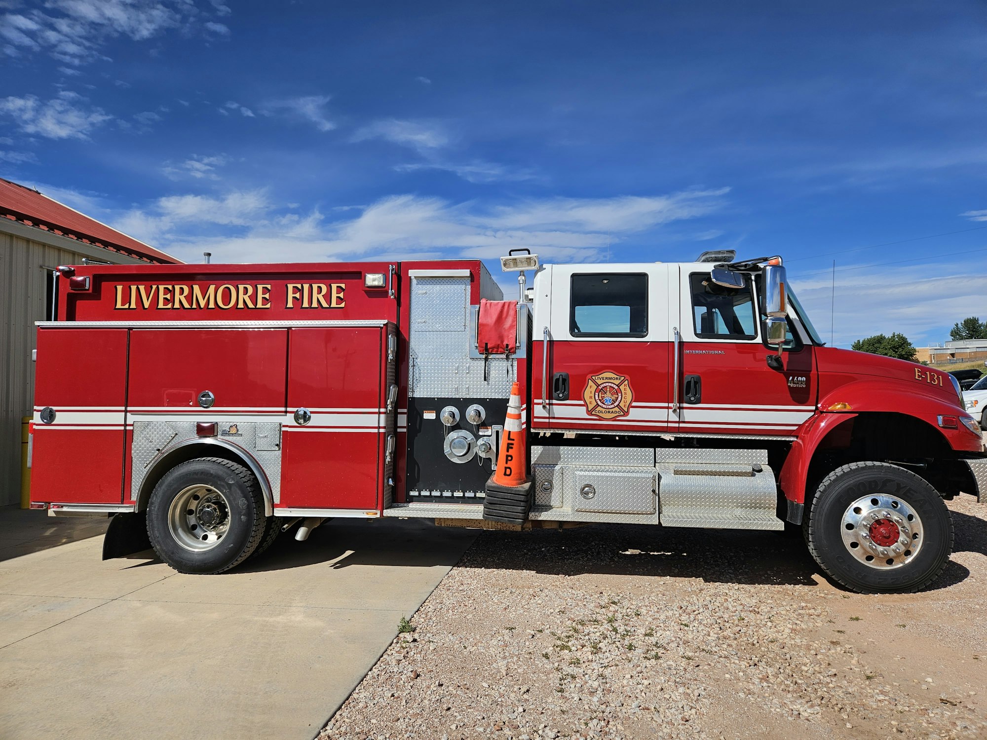 Profile view of huge red fire truck known as Engine 131
