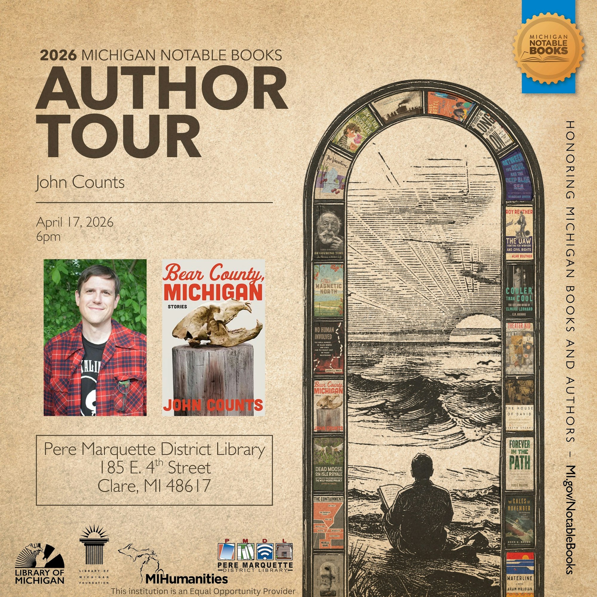 Promotional flyer for John Counts' author tour in Clare, Michigan, on April 17, 2026, featuring his book "Bear County, Michigan."
